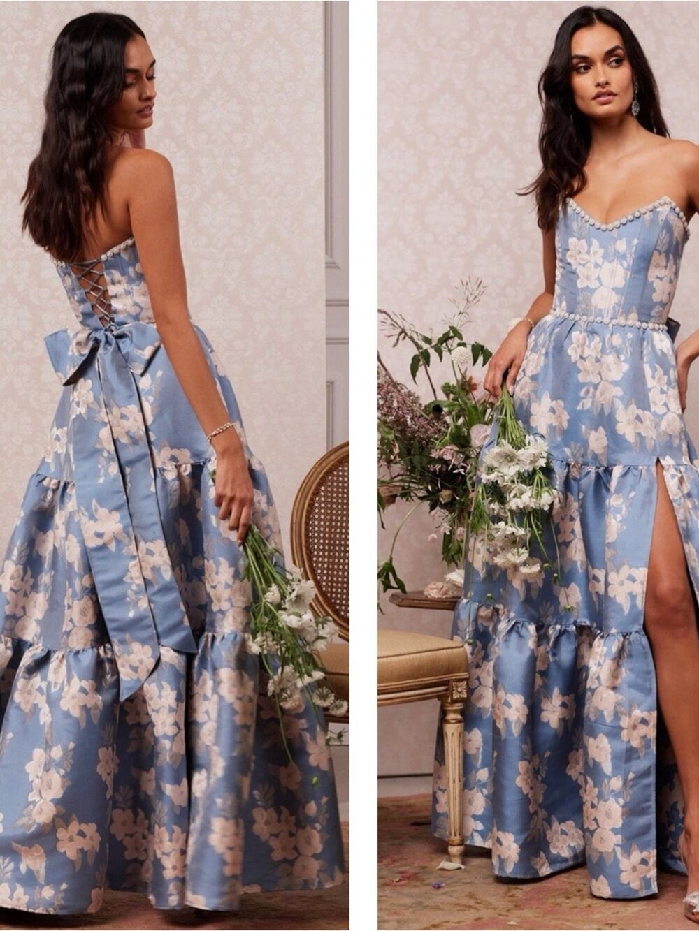 V. CHAPMAN Vivian Crystal Embellished Strapless Floral Tiered Maxi Dress Size 6